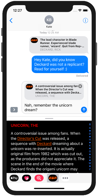Encyclopedia Blade Runner Messaging displayed on an iPhone